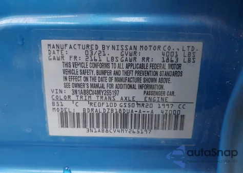 2021 Nissan Sentra Sv Xtronic Cvt z USA, uszkodzony, nr VIN 3N1AB8CV4MY265197